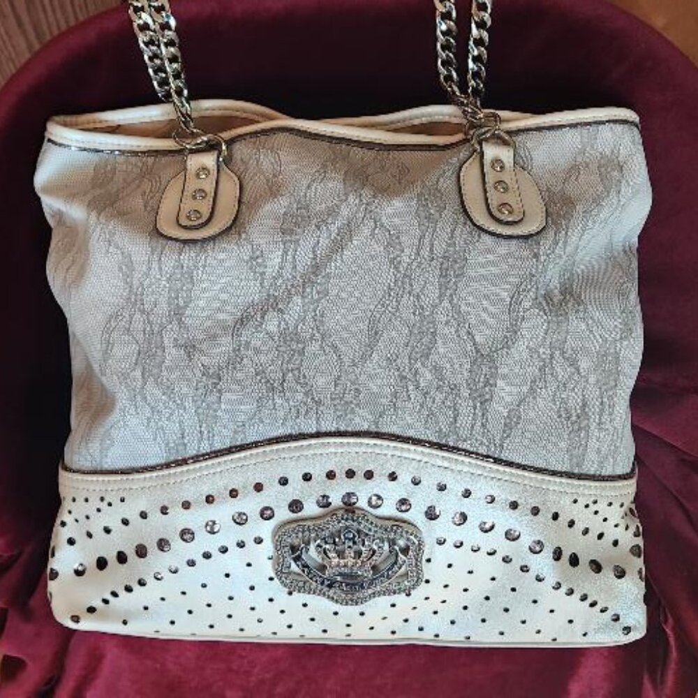 Kathy Van Zeeland Pearl Lace Print Silver Chain Shoulder Strap(2) Tote Bag